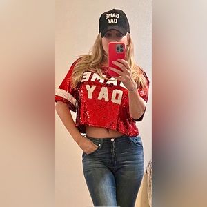 ✨HOST PICK✨GAME DAY RED & WHITE SEQUIN TOP & BLK & WHITE  corduroy cap! NWT